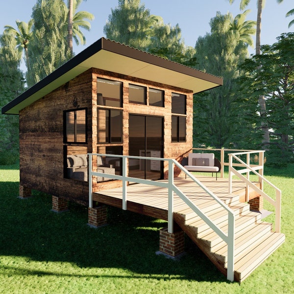 38m2 (410 sq ft) Small Cabin Classic Style - Draft Engineering Plan, Floor Plan, Elevations, Materials List - Tiny Home, Cottage, Cabin