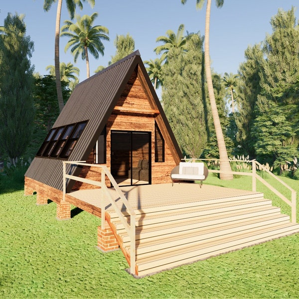 DIY Plans|| 52m2 (562 sq ft) Small A-Frame Cabin - Draft Engineering Plan, Floor Plan, Elevations, Materials List, DIY Guide - Tiny Home