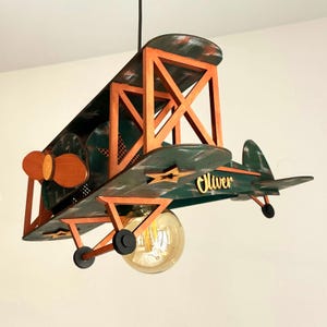 Vintage Green Airplane Lamp, Wooden Biplane Plane Nursery Light, Kids Room Ceiling or Table Lamp, Baby Boy Room Decor, Handmade