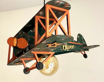 Vintage grön flygplanslampa, trälampa för barnrum med biplan, tak- eller bordslampa för barnrum, dekoration för pojkrum, handgjord
