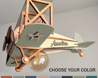 Kleurrijke vliegtuiglamp, houten tweedekkerlamp, kinderkamerplafond- of tafellamp, handgemaakt kinderkamerdecor, aangepaste naam en kleur