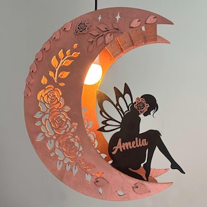 Fairy Moon Pendant Lamp, Rose Gold Wooden Nursery Night Light, Girls Room Decor, Baby Girl Gift, Kids Room Lamp, Personalized, Handmade