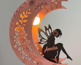 Lampa wisząca Fairy Moon, różowozłota drewniana lampka nocna do pokoju dziecięcego, dekoracja pokoju dziewczęcego, prezent dla małej dziewczynki, lampa do pokoju dziecięcego, spersonalizowana, ręcznie robiona