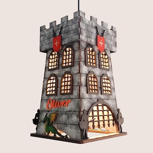 Medieval Castle Lamp, Wooden Handmade Nursery Pendant or Table Light, Kids Fairytale Room Decor, Personalized Gift with name