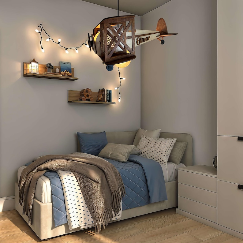 Natural wood airplane lamp hanging in child bedroom, wooden aviation nursery decor with warm pendant light