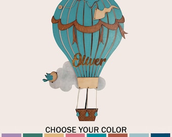 Lámpara de globo aerostático multicolor, lámpara de guardería de madera hecha a mano, lámpara de pared para habitación infantil, nombre personalizado, regalo de color personalizado