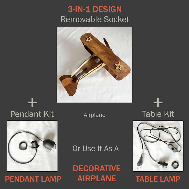 3-in-1 wooden airplane lamp – natural wood biplane ceiling lamp, table lamp or decorative airplane.