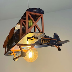 Vintage Blue Airplane Lamp, Wooden Biplane Nursery Night Light, Handmade Ceiling or Table Lamp, Kids Room and Home Decor