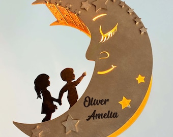 Moon Pendant Lamp with Family Silhouette, Wooden Nursery Night Light, Kids Room Decor, Personalized Gift, Handmade