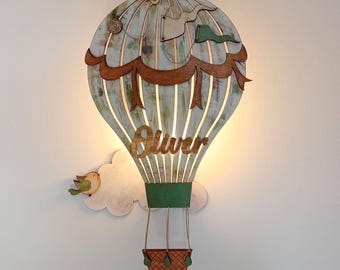 Hot Air Balloon Wall Lamp, Wooden Handmade Night Light, Personalized Nursery Decor, Vintage Kids Room Light, Unique Gift