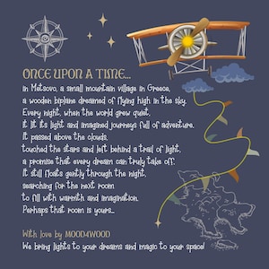 Once upon a time – Mood4Wood story illustration of a handmade wooden airplane lamp inspired by dreams of flight in Metsovo, Greece.