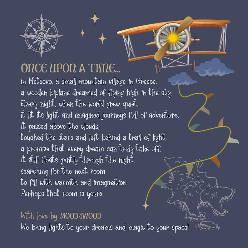 Once upon a time – Mood4Wood story illustration of a handmade wooden airplane lamp inspired by dreams of flight in Metsovo, Greece.
