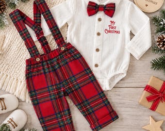 Baby Boy First Christmas Outfit • Plaid Overall Set • Holiday Baby Outfit • Newborn Christmas Clothes • First Christmas Photo Outfit