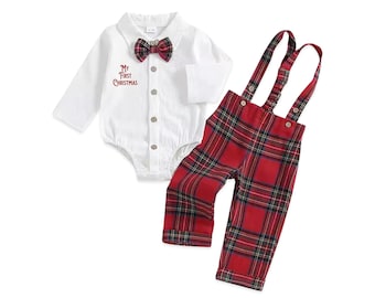 Baby Boy First Christmas Outfit • Plaid Overall Set • Holiday Baby Outfit • Newborn Christmas Clothes • First Christmas Photo Outfit