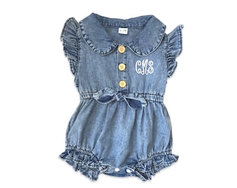 Personalized Baby Girl Denim Romper, Custom Name Romper, Spring Baby Outfit, Baby Shower Gift, Custom Baby Outfit