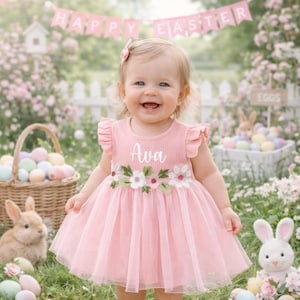 Personalized Girls Tulle Dress, Floral Spring Dress, Custom Name Outfit, Easter Dress, Birthday Dress