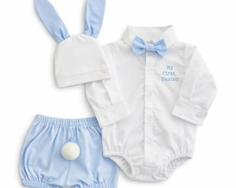 My First Easter Baby Boy Outfit, Bunny Ear Hat & Bloomer Set, 3-Piece Easter Outfit for Baby, Easter Photo Outfit, Newborn Infant Boy