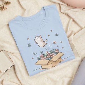 Camisa de gato bonito camiseta de gato pastel na moda minimalista floral amante de gato camiseta bonito presente para proprietários de gatos cores suaves amigável impressão de gato bonito