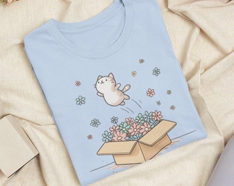 Cute Cat Shirt Pastel Cat T-Shirt Trendy Minimalist Floral Cat Lover Tee Cute Gift for Cat Owners Soft Colors Friendly Cat Print Cute