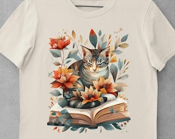 Whimsical Cat Book Shirt Pastel Floral Cat Tee Cozy Reading Cat Design Soft Coral Sage Blue Cat Lover Gift Cute Bookish Apparel