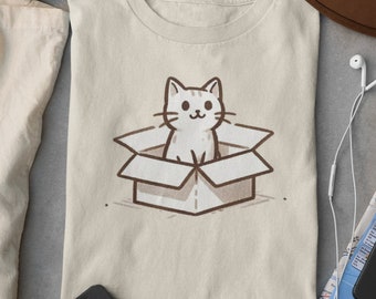 Cardboard Cat Shirt – Minimalist Funny Cat Tee – Cute Cat Mom Gift – Quirky Cat Lover T-Shirt with Box Design