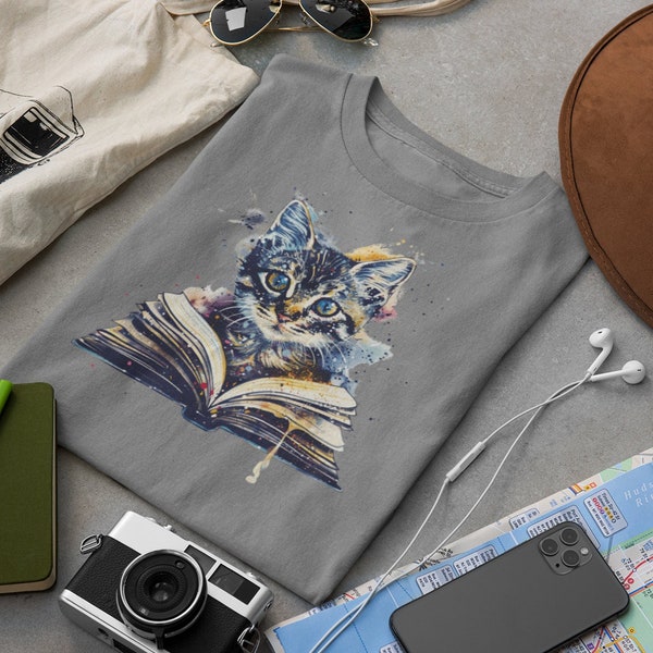 Chemise de chat et de livres - Tee-shirt Cat Mom, Chemise mignonne d’amant de livre, Top aquarelle de lecteur, Vêtements de chat bookish, Cadeau littéraire unique, Chat mignon