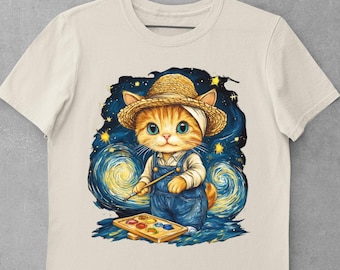 Van Gogh Inspired Cat T-Shirt Funny Ginger Cat Artist Tee Starry Night Cat Design Whimsical Art Shirt Cat Lover Gift Cute Cat Shirt