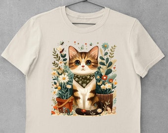 Tricolor Cat Shirt Cottagecore Cat Shirt Gardening Flowers Cat T-Shirt Funny Cat Shirt Cat Mom Tee Kitty Shirt Cat Lover Gift