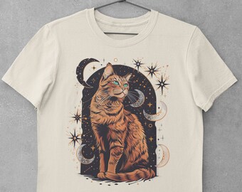 Ginger Cat Tarot T-Shirt Witchy Cat Tee Astrology Symbols Magic Cat Top Mystic Cat Lover Gift Celestial Runes Design Red Cat Apparel