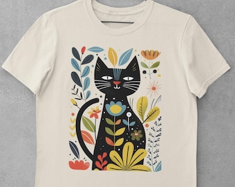 Artful Cat Shirt Matisse Inspired  Vibrant Cut-Out Style Playful Cat with Flowers Bold Colors Artistic Design Cat Lover Gift Cheerful Art T