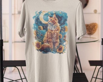 Ginger Cat Sunflower Shirt Van Gogh Inspired Cat T-Shirt Starry Night Art Cat Lover Gift Funny Animal Tee Cat Mom Pet Lover Graphic Shirt