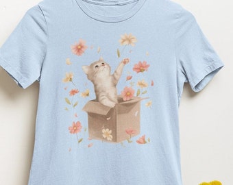 Floral Cat Tee – Cute Kitten Cardboard T-Shirt – Flower Cat Lover Gift for Girls, Perfect Kids Cat Shirt Idea