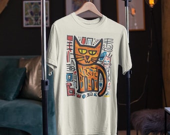 Keith Haring Inspired Cat Shirt Playful Cat Tee Bold Colors Artistic Pop Art Cat Lover Gift Retro Graphic T-Shirt Unique Cat Apparel