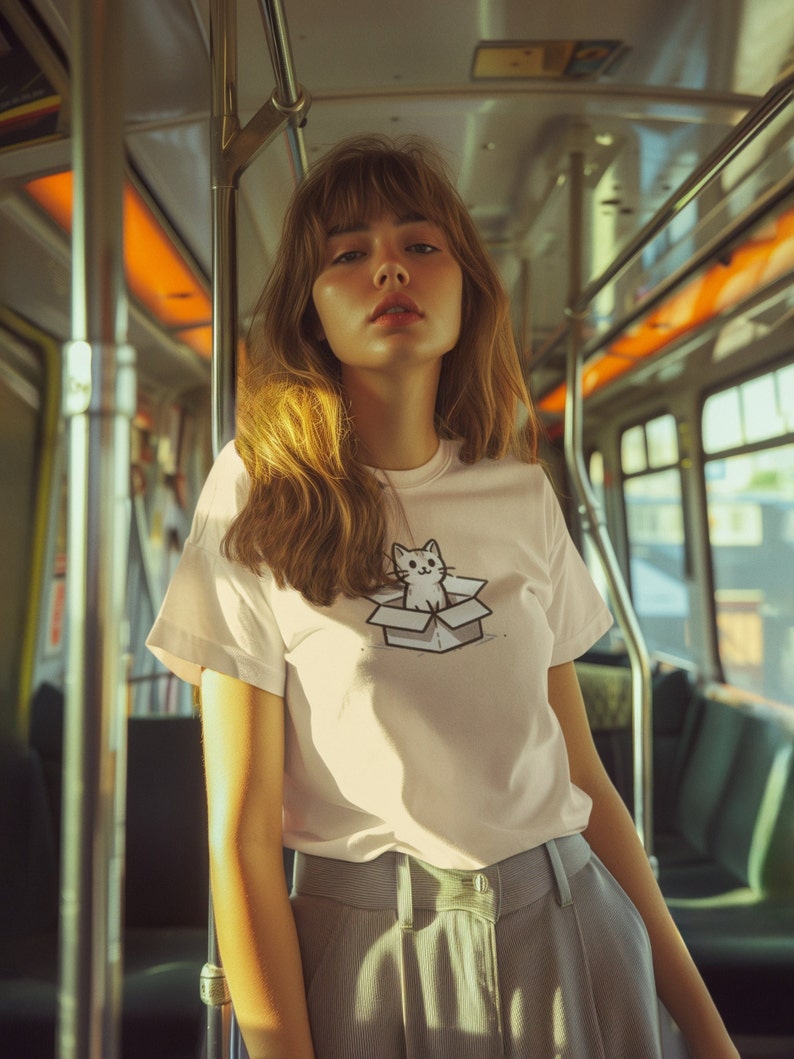 May include: A woman with long brown hair is wearing a white t-shirt with a cartoon cat in a box graphic. She is standing in a public transit vehicle.