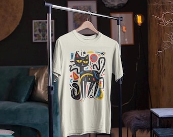 Artful Cat Shirt Keith Haring Inspired Cat Tee Vibrant Minimalist Cat Art Dynamic Pose Artistic Cat Lover Gift Pop Art Design T-Shirt