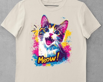Pop Art Cat T-Shirt Roy Lichtenstein Inspired Comic Cat Design Vibrant Colors Funny Cat Lover Tee Retro Style Gift Dynamic Art Shirt