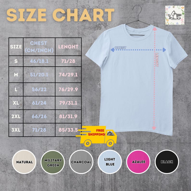 May include: Size chart for a t-shirt with measurements in inches and centimeters. The chart shows chest and length measurements for sizes S, M, L, XL, 2XL, and 3XL. The t-shirt is light blue and has a crew neck.