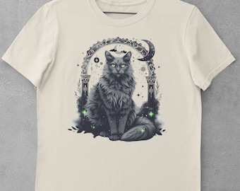 Grey Cat Tarot T-Shirt Witchy Cat Tee Astrology Symbols Magic Cat Top Mystic Cat Lover Gift Celestial Runes Design Black Cat Apparel