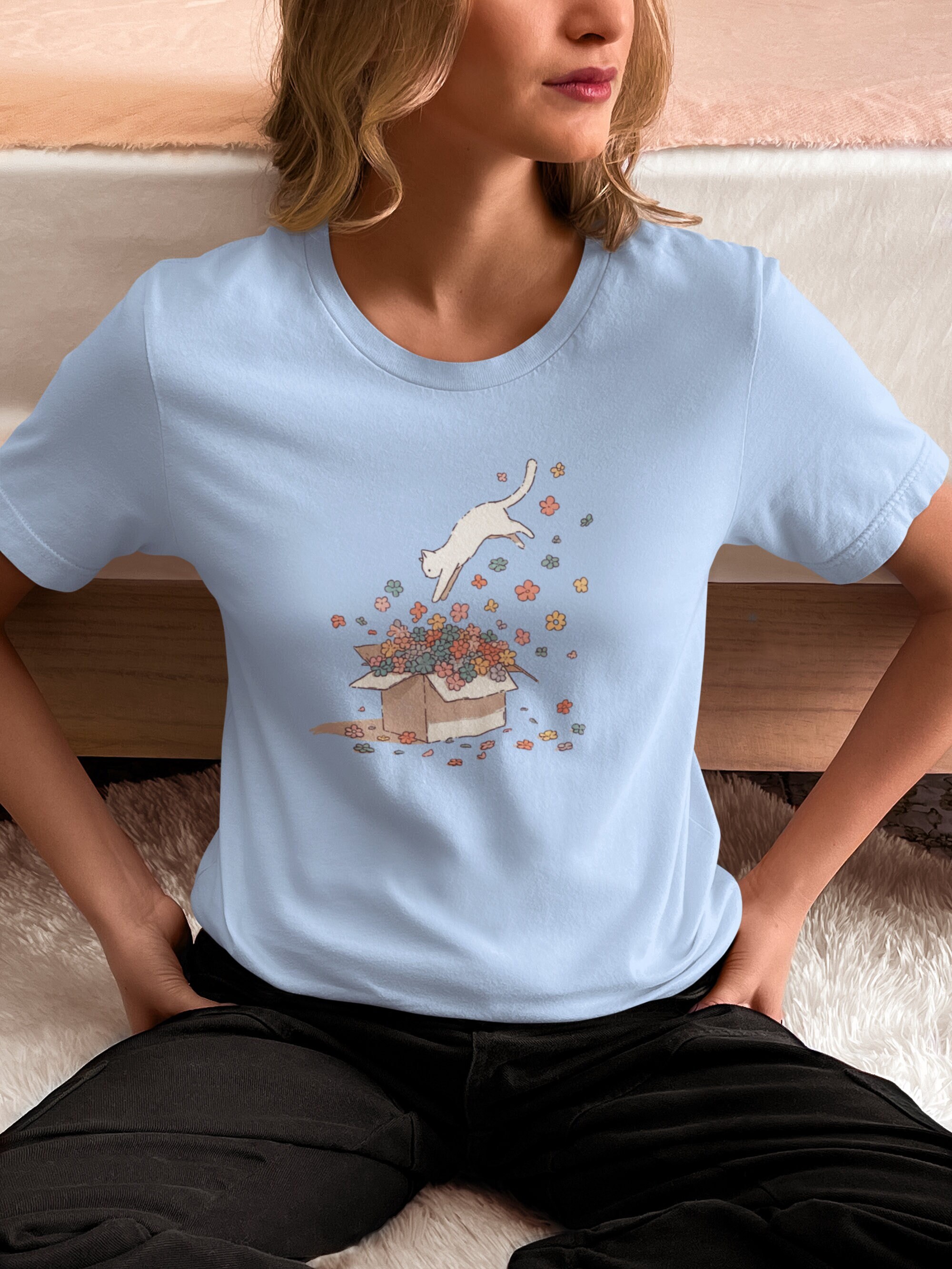 Pastel Cat Shirt Flower Cat T-Shirt Minimalistic Flowers Cat Lover T-Shirt Gift for Cat Lover Pastel Color Tee Cardboard Cat Design