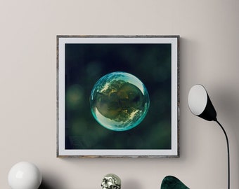 Bubble Photograph, Dark Teal Wall Art, Circle Wall Art, Abstract Modern Art, Green Turquoise Art, Blue Green Art, Square Abstract Art Print