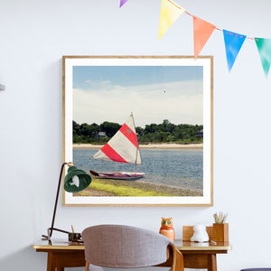 Sunfish Photo, Sailboat Photo, Square Boat Photo, Sunfish Sailboat Art, Sailing in Falmouth, Cape Cod Sailboat Print, Red Sailboat on Beach