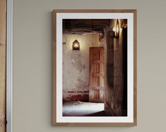 Open Door Photo, Shining Light Photo, San Antonio Photo, Mission San Jose, Wood Stone Wall Art, Decay Photo, Peeling Paint, Red Brown Art