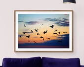 Inspiring Sunset Photograph, Flock of Seagulls Photo, Dramatic Wall Art, Purple Orange Blue Black, Modern Home Decor, Bird Silhouette Photo