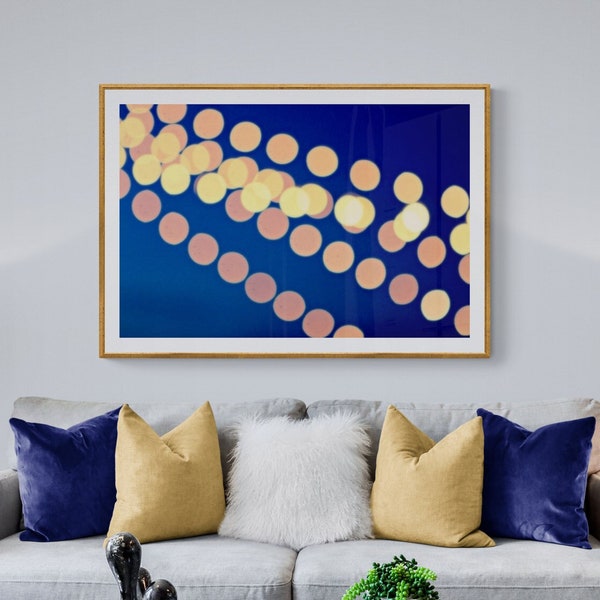 String Lights Photo, Bokeh Wall Art, Midnight Blue Photo, Modern Art, Abstract Wall Art, Night Sky Photograph, Dark Blue Cream, Circles Art