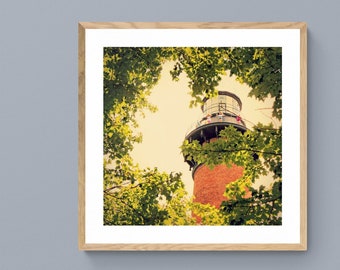 Outer Banks Lighthouse Photo, Green Orange Print, Orange Brick Lighthouse, Green Leaves Art, Currituck Lighthouse, Corolla Photograph