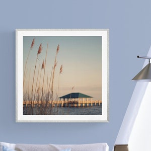Sea Oats Photograph, Ocean Springs Beach Wall Art, Pier Photo, Beach House Wall Art, Coastal Photo, Blue Brown Decor, Seascape Photo, image 1