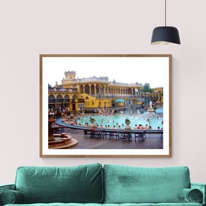 Foto dos Banhos de Budapeste, Banhos Széchenyi, Foto da Arquitetura da Hungria, Arte da Parede de Budapeste, Arte Amarelo Turquesa, Foto da Piscina, Arte da Hungria
