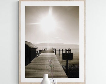 Sunrise Photo, Pier Photograph, Lake Tahoe Photo, Sunrise Wall Art, Black White Decor, Neutral Wall Art, Boardwalk Photo, Sunshine Photo