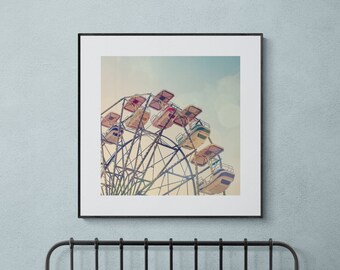 Ferris Wheel Art, Carnival Photograph, Children's Wall Art, Kid's Room Art, Whimsical Wall Art, Turquoise Gray Red, Aqua Photograph Print