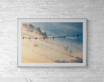 String Lights Photo, Whimsical Photo, Baby Blue Art, Blue Sky Wall Art, Nursery Wall Art, Clouds Photograph, Dreamy Photograph, Pastel Photo